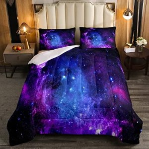 Erosebridal Purple Galaxy Bedding Down Comforter Set Kids Teens Girls Boys Starry Sky Space Universe Star Design Comforter Set,Soft Home Decorative 3