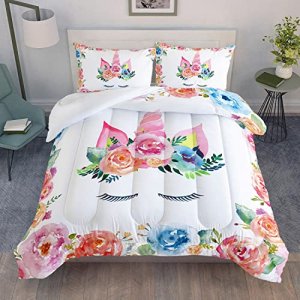 Datura home Unicorn Floral Watercolor Flower Comforter Bedding Set for Girls Teens Adults,Colorful Lovely Roses Blooms Print Design Unicorn Bedding S