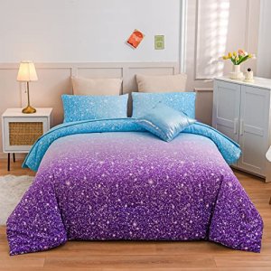 Btargot Super Soft 6 Pieces Gradient Star Sky Comforter Set, Colorful Glitter Star Pattern Bedding Set for Boys Girls Teens, Full Blue Purple