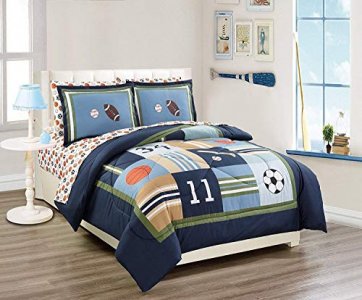 Elegant Home Multicolor Sports Basketball Baseball Soccer Football Design 7 Piece Full Size Comforter Bedding Set for Boys/Kids Bed in a Bag with She