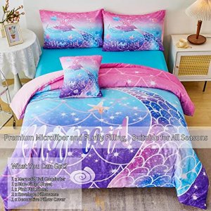 RYNGHIPY Mermaid Comforter Set 6Pcs, Kids Gilrs Bed in a Bag Queen Size, Mermaid Tail Print Teens Girls Bedding Set, Rainbow Bedding Collections