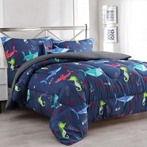 Sapphire Home 8 Piece Queen Kids Boys Comforter Set Bed in Bag w/Shams, Sheet Set & Decorative Toy Pillow, Ocean Sharks Sealife Marine Boys Kids Comf