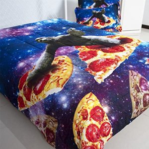 3 Pieces Dark Blue and Purple 3D Galaxy Sloth Pizza Comforter Sets Queen Size, Kids Adult Starry Night Lightweight Soft Comforters Boys Girls Bedding