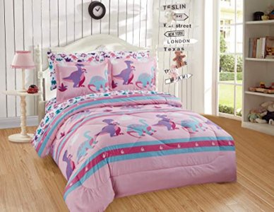 Better Home Style Multicolor Pink Blue Purple Dinosaurs Printed Fun Design 7 Piece Comforter Bedding Set for Girls/Kids Bed in a Bag with Sheet Set #