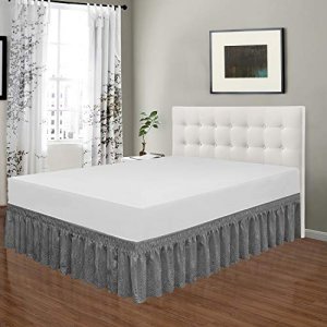 QSY Home Wrap Around Elastic Eyelet Bed Skirts 14 1/2 Inches Drop Dust Ruffle Three Fabric Sides Easy On/Easy Off Adjustable Polyester Cotton(Grey Tw
