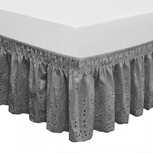 QSY Home Wrap Around Elastic Eyelet Bed Skirts 14 1/2 Inches Drop Dust Ruffle Three Fabric Sides Easy On/Easy Off Adjustable Polyester Cotton (Grey Q