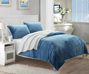 Chic Home 3-Piece Evie Plush Microsuede Sherpa Blanket, Queen, Blue