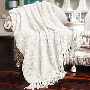 Home Soft Things White Throw Blanket Knitted Tweed Throw 50'' x 60'', Antique White, Super Soft Cozy Warm Comfortable Breathable Throw for Living Roo