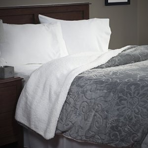 Lavish Home Floral Etched Fleece Blanket with Sherpa-F/Q-Grey