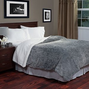 Lavish Home Floral Etched Fleece Blanket with Sherpa-F/Q-Grey