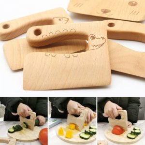 BRRERR 6 PCS Kids Kitchen Safe Wooden Knife Set for Real Cooking, Kids Montessori Kitchen Cooking Tools, Plastic Serrated Edges Toddler Knives, Crink