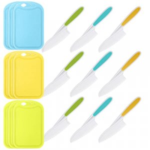 18 Pcs Kids Plastic Knife Set with Cutting Board Toddler Knife Tools, Including 9 Child Safe Knife 9 Kids Chopping Board Kids Cooking Utensils for Pr