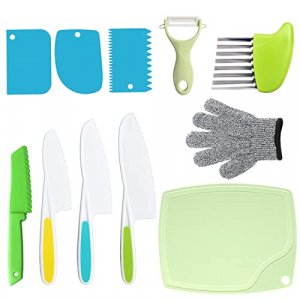 11Pcs Kids Kitchen Knife, Kids Knifes for Real Cooking, Toddler Knife Set Include Plastic Kid Safe Knives, Dough Cutter, Crinkle Cutter, Cutting Boar