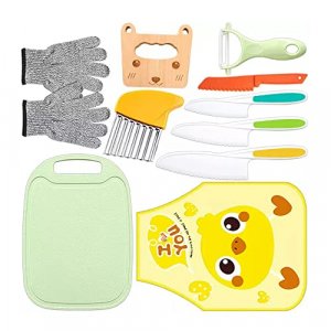 Remboh 11 Pcs Wood Kids Knife Set, Include Safe Toddler Wooden Kitchen Knife for Cooking, Kids Knife Set, Serrated Edges Toddler Knife, Beach Gloves,