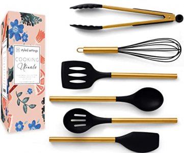 Black and Gold Kitchen Utensils Set 6PC Black Silicone Utensils Set Includes: Gold Tongs, Gold Whisk, Gold Serving Spoon, Gold Spatula & Turner-Black
