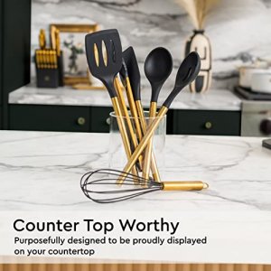 Black and Gold Kitchen Utensils Set 6PC Black Silicone Utensils Set Includes: Gold Tongs, Gold Whisk, Gold Serving Spoon, Gold Spatula & Turner-Black