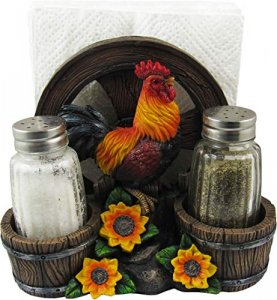 DWK - Country Diner - Rooster with Wagon Wheel Farm Barrel and Sunflowers Napkin Salt & Pepper Shaker Holder Home Dcor Kitchen Accessory Dining Acc