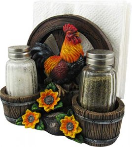 DWK - Country Diner - Rooster with Wagon Wheel Farm Barrel and Sunflowers Napkin Salt & Pepper Shaker Holder Home Dcor Kitchen Accessory Dining Acc