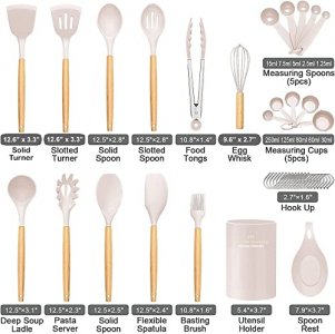 Kitchen Utensils Set, 33 pcs Non-Stick Silicone Cooking Utensils Set, Heat-Resistant Silicone, Wooden Utensils for Cooking, Kitchen Gadgets Spatula S