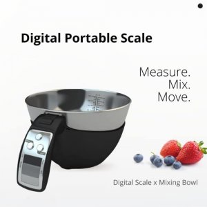 Fradel Digital Kitchen Food Scale with Bowl (Removable) and Measuring Cup -  Stainless Steel, Backlight, 11lbs Capacity - Cooking, Baking, Gym, Diet 