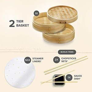 Prime Home Direct Bamboo Steamer Basket 10-inch | 2-Tier Vegetable Steamer for Cooking | Dumpling Maker | Food Steamer Pot | Veggie Steamer | 2-Pairs