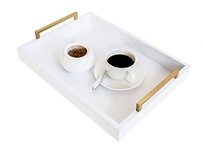 Crown Home & Living Ottoman Serving Tray 16.5x12.25 - White Coffee Table Tray with Brushed Gold Handles, Handcrafted, Sturdy & Spacious - Ideal for B