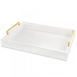 Crown Home & Living Ottoman Serving Tray 16.5x12.25 - White Coffee Table Tray with Brushed Gold Handles, Handcrafted, Sturdy & Spacious - Ideal for B