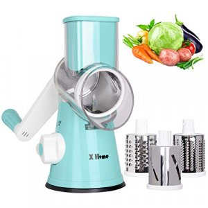 X Home Rotary Cheese Grater Kitchen Mandoline Vegetables Slicer Cheese Shredder with Rubber Suction Base, 3 Stainless Drum Blades Included, Easy to U