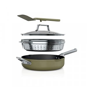 Ninja CW102GN Foodi NeverStick PossiblePan, Premium Set with 4-Quart Capacity Pan, Steamer/Strainer Basket, Glass Lid & Integrated Spatula, Nonstick,