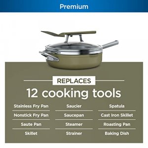 Ninja CW102GN Foodi NeverStick PossiblePan, Premium Set with 4-Quart Capacity Pan, Steamer/Strainer Basket, Glass Lid & Integrated Spatula, Nonstick,