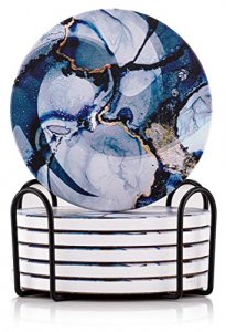 Vanilz Coasters for Drinks Absorbent - Coaster Set with Holder - 6 Pcs - Cup Coasters with Holder - Ceramic Coasters for Wooden Table - Blue Coasters