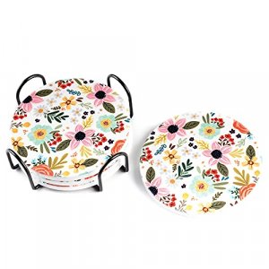 Greenline Goods Floral Coasters Ceramic - (Set of 4) Unique Boho Home Decor - Modern Boho Themed - Colored 4 Inch Diameter Light Flower Coaster with 