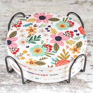 Greenline Goods Floral Coasters Ceramic - (Set of 4) Unique Boho Home Decor - Modern Boho Themed - Colored 4 Inch Diameter Light Flower Coaster with 