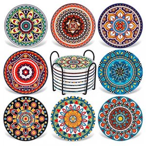 Coasters for Drinks,AODINI Set of 8 Absorbent Stone Coasters for Wooden Table, Mandala Ceramic Coasters with Cork Base, Gift for Housewarming Birthda