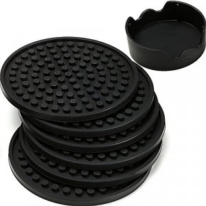 ENKORE Coasters For Drinks - Set of 6 with Holder, Black - Protect Furniture From Water Marks or Damage - Deep Tray and Rim Catch Cold Drink Sweat Wi