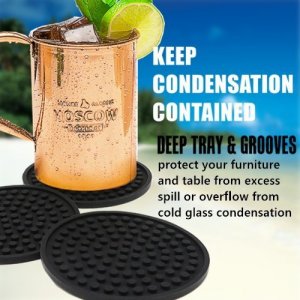 ENKORE Coasters For Drinks - Set of 6 with Holder, Black - Protect Furniture From Water Marks or Damage - Deep Tray and Rim Catch Cold Drink Sweat Wi