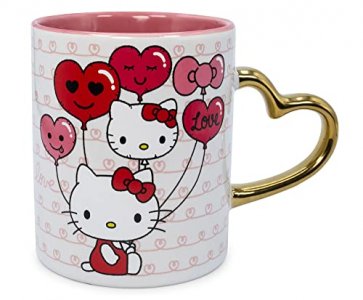 Sanrio Hello Kitty Love Heart-Shaped Handle Ceramic Mug | Large Coffee Cup For Espresso, Caffeine, Beverages, Home & Kitchen Essentials | Cute Valent