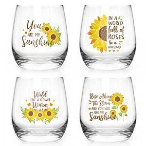 4PCS Sunflower Wine Glasses 12oz Funny Inspired Sayings for Women Lover Summer Flower Print Tumblers Gift for Bridal Party Wedding Whiskey Beer Can G
