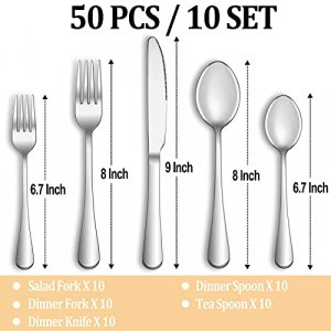 50 Piece Silverware Set Service for 10,Premium Stainless Steel Flatware Set,Mirror Polished Cutlery Utensil Set,Durable Home Kitchen Eating Tableware