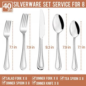 40-Piece Silverware Set, Paincco Stainless Steel Flatware Cutlery Set Service for 8, Pearled Edge Tableware Set Includes Knife Fork Spoon, Beading Ut