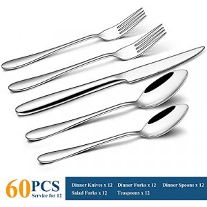 60-Piece Silverware Set, Wildone Stainless Steel Flatware Set Service for 12, Tableware Cutlery Set for Home Kitchen Hotel Restaurant, Mirror Polishe
