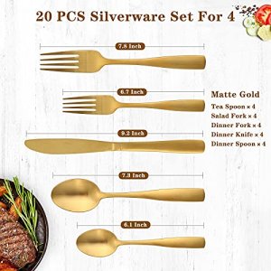 Matte Gold Silverware Set - GIOCOCO 20 PCS Stainless Steel Flatware Sets Thick Cutlery Set Durable Utensils Set Service For 4, Elegant Tableware Set 