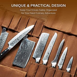 KYOKU Chef Knife Roll Bag, Kitchen Knife and Utensil Holder with 10 Slots 3 Cutlery Holders for Chef Knife Set, Oiled Leather and Waxed Canvas Knife 