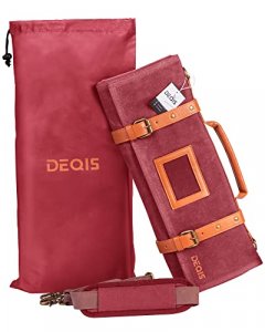 DEQIS Knife Roll Chef Waxed Canvas Bag Storage 13 Slots and 1 Large Zipper Pocket Carry Shoulder Strap Handle and Name Card Professional Folding Cook
