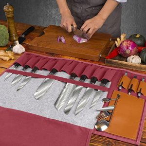 DEQIS Knife Roll Chef Waxed Canvas Bag Storage 13 Slots and 1 Large Zipper Pocket Carry Shoulder Strap Handle and Name Card Professional Folding Cook
