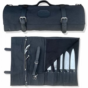 Lynx Soul MARION - LE VOYAGEUR BLACK - Waxed Canvas with Genuine Calf Top Grain Leather - Handmade Professional Chef Knife Storage Roll Bag - 8 Pocke
