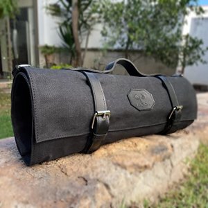 Lynx Soul MARION - LE VOYAGEUR BLACK - Waxed Canvas with Genuine Calf Top Grain Leather - Handmade Professional Chef Knife Storage Roll Bag - 8 Pocke