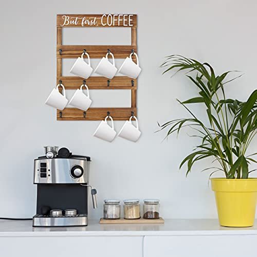 EMAISON Coffee Mug Holder Wall Mounted Rustic Wood Cup Organizer with 8 Hooks for Home