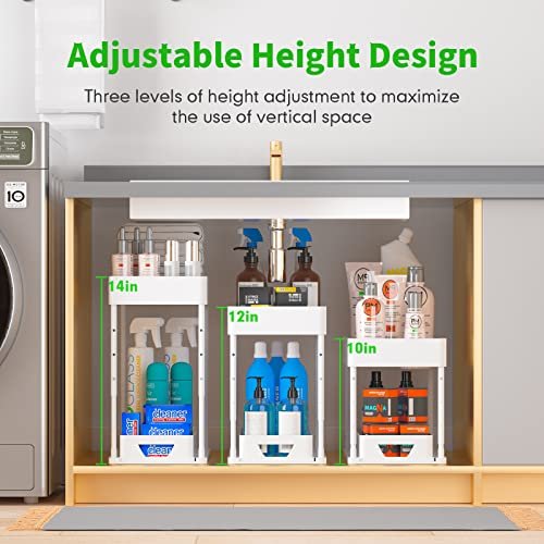 2 Pack Adjustable Height under Sink Organizers and Storage, 2 Tier