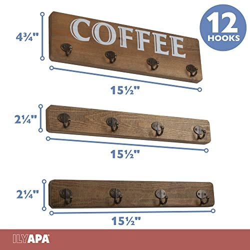 Ilyapa Rustic Wooden Coffee Mug Rack, Wall Mounted Mug Holder for